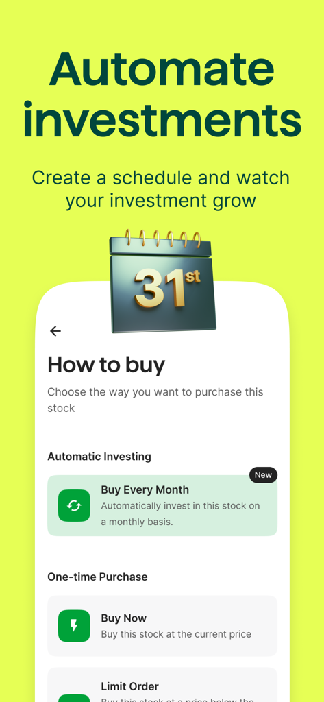 Bamboo app interface showing automated investment options for monthly stock purchases and one-time buys.
