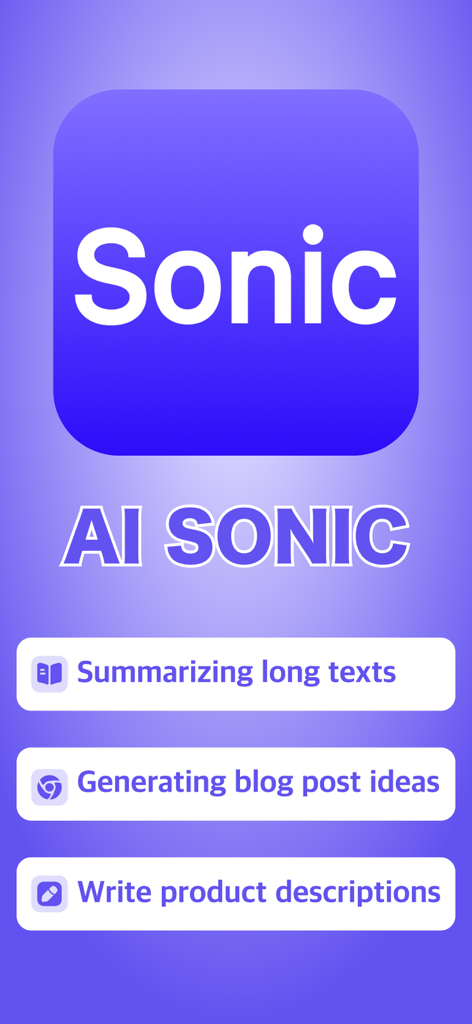 AI Sonic - Chat & Write Bot - Interfaz de la aplicación AI Sonic mostrando funciones para resumir textos, generar ideas para blogs y escribir descripciones de productos