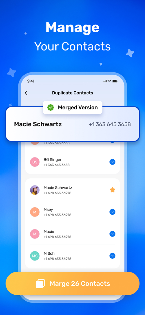 Interface of the phone cleaner app showing the feature to merge duplicate contacts for better organization.