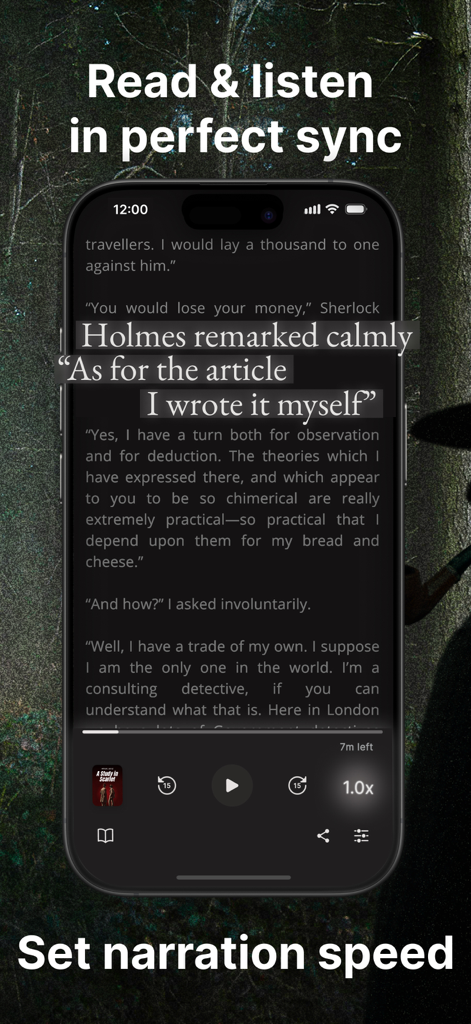 Fabuly app interface displaying synchronized text and audio for Sherlock Holmes with adjustable narration speed