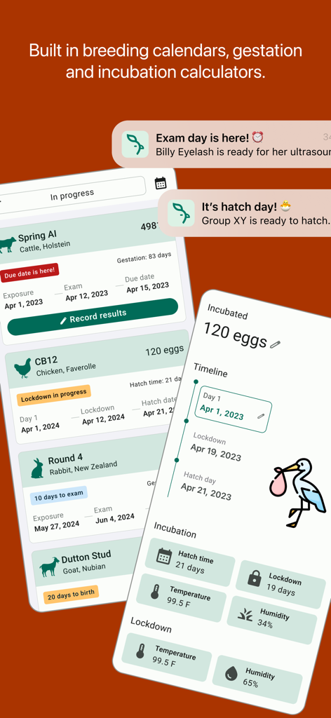 FarmKeep app interface for breeding management showing gestation and incubation calculators for livestock