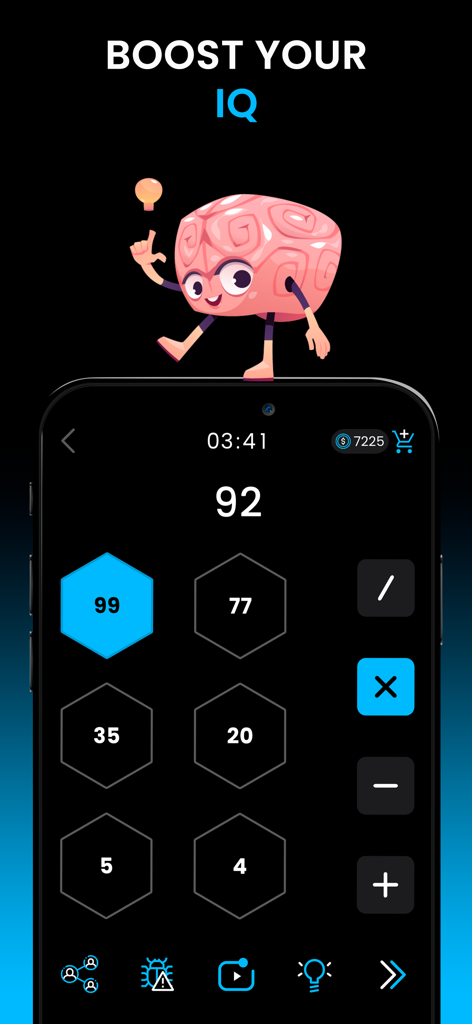 Math Master Cross Math IQ TEST - A math brain teaser puzzle with hexagonal number tiles and operators in a minimalist dark mode interface