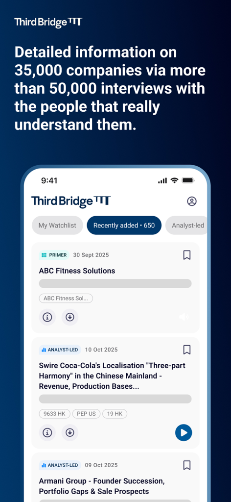 Third Bridge - Third Bridge app interface showing expert interview recordings and company research reports