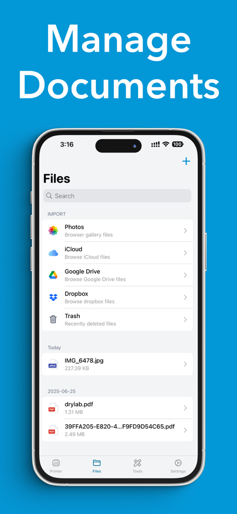 Smart Printer App for HP * - Interfaccia dell'App Stampante Smart che mostra la gestione dei documenti e l'integrazione dello storage cloud per la stampa su iPhone
