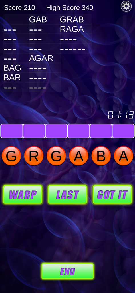 Word Warp - A Word Puzzle Game - Pantalla de juego de Word Warp con fichas de letras, palabras encontradas como GRAB y AGAR, y un botón warp contra un fondo de burbujas azules.
