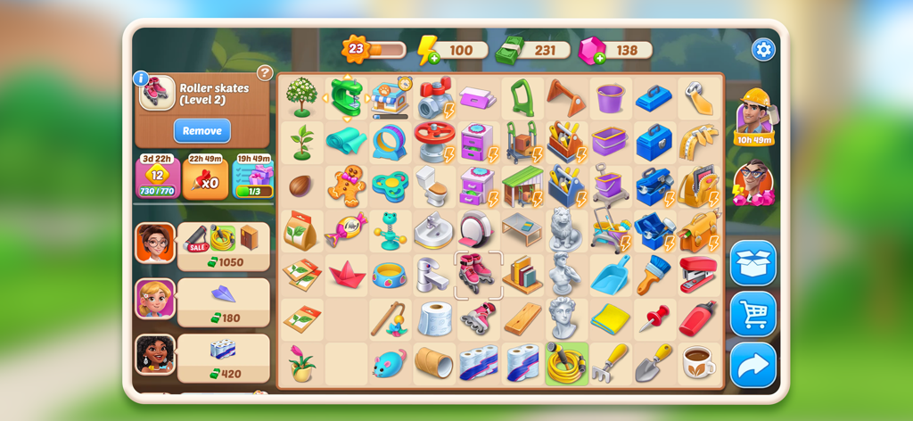 DesignVille: Merge & Design - 다양한 도구와 가정용품이 있는 DesignVille 병합 퍼즐 보드