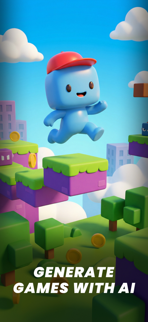 Gummy: AI Game Maker - Un personaje azul con un sombrero rojo saltando en un mundo de plataformas 3D con el texto crea juegos con IA