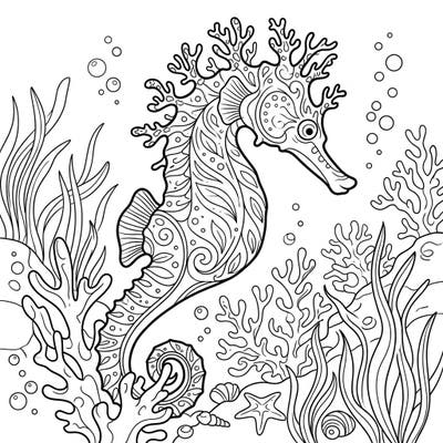 Explore the captivating beauty of the ocean with this intricate Barbour's Seahorse coloring page. Featuring its unique branched coronet and a vibrant underwater scene, it's perfect for a relaxing coloring adventure.