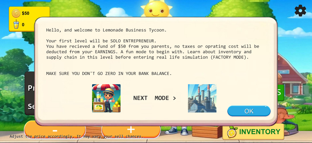 Lemonade Business Tycoon - Introductory welcome screen for Lemonade Business Tycoon showing solo entrepreneur mode and initial funding details