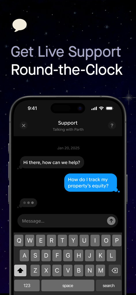 Gather - Interface do aplicativo Gather mostrando um chat de suporte ao cliente ao vivo para dúvidas financeiras