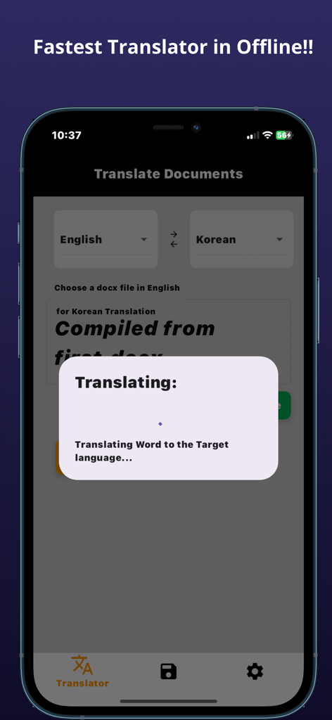 Mobile app interface showing a document being translated from English to Korean with an offline progress popup