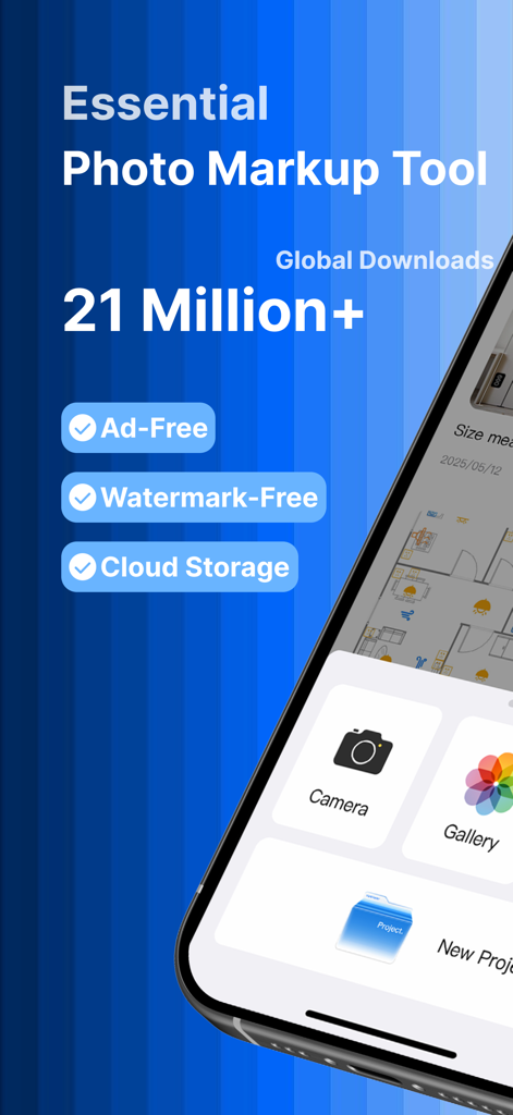 MarkMaster-image meter measure - MarkMaster app screenshot highlighting 21 million global downloads and features like ad-free experience, watermark-free images, and cloud storage.