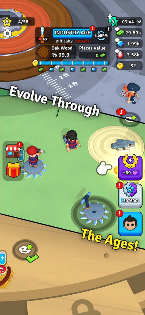 Carve Quest - Gameplay screenshot of Carve Quest showing characters and machines in the Industry Age wood carving level