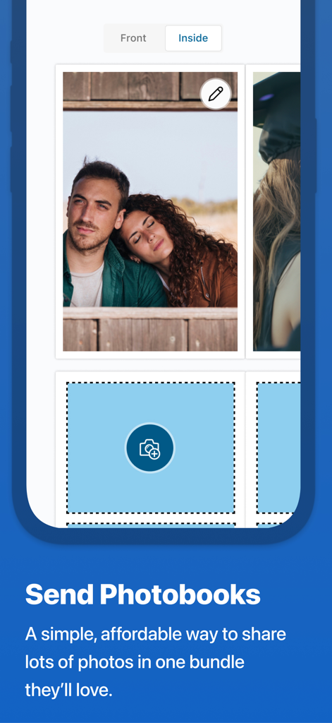 A mobile screen showing the photobook creation feature for sending picture bundles to incarcerated loved ones