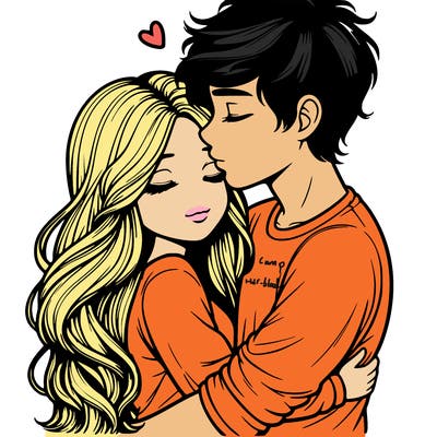 a realistic couple boy and girl hugging and kissing