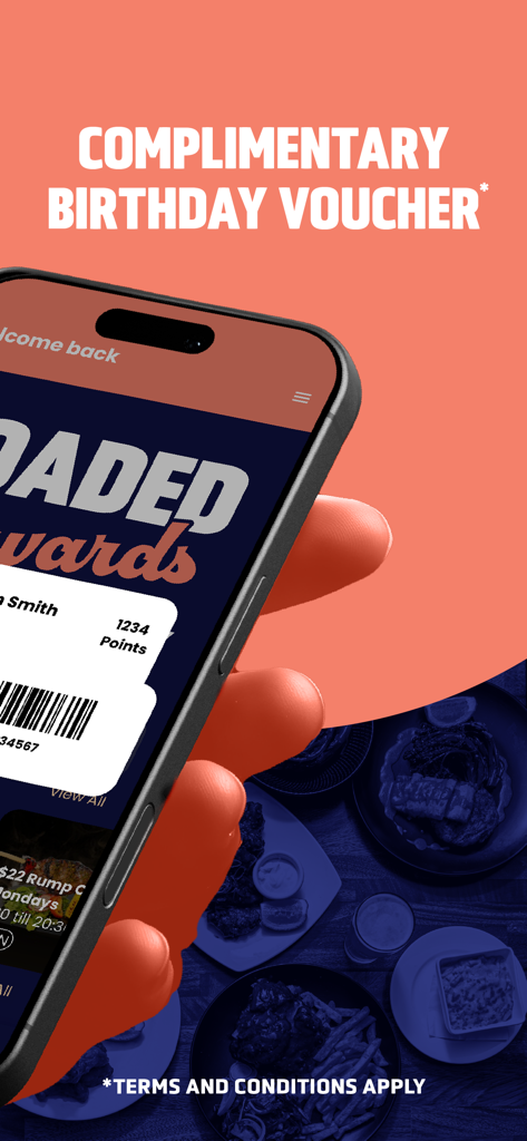 Loaded Rewards - Smartphone screen displaying a complimentary birthday voucher in the Loaded Rewards app.