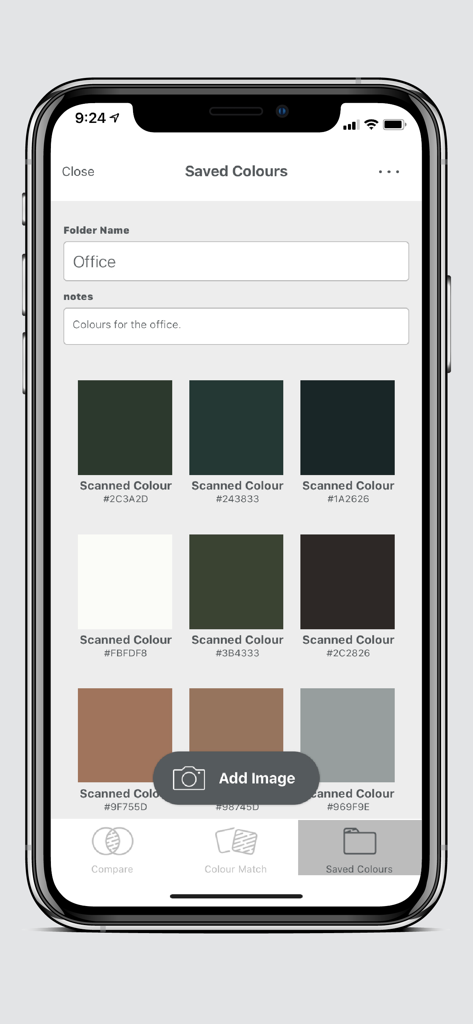 Colourpin - Colourpin app interface showing a folder of saved scanned colors with their respective hex codes