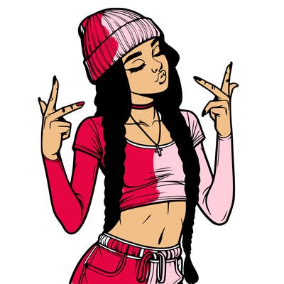 realistic teenage girl with braids and a beanie and crop top doing 🫶🏼