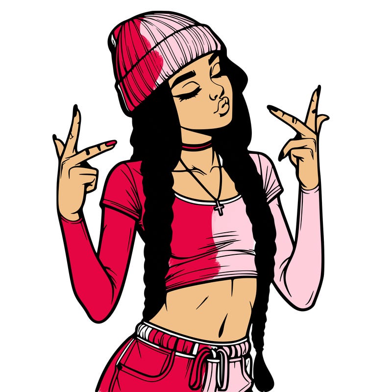 realistic teenage girl with braids and a beanie and crop top doing 🫶🏼