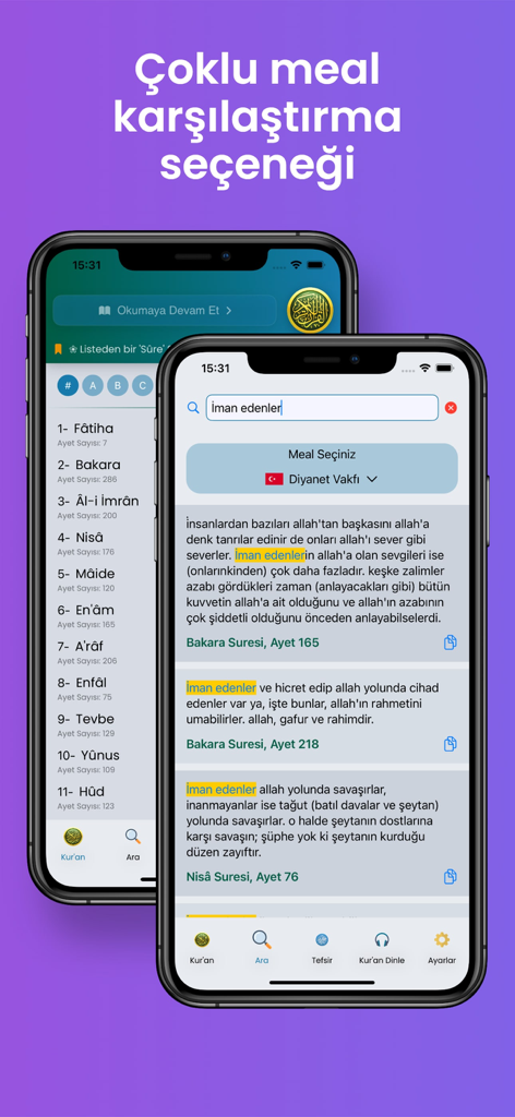 Interface of the Kur'an Dinle app showing a list of surahs and search results for verses with Turkish translations.