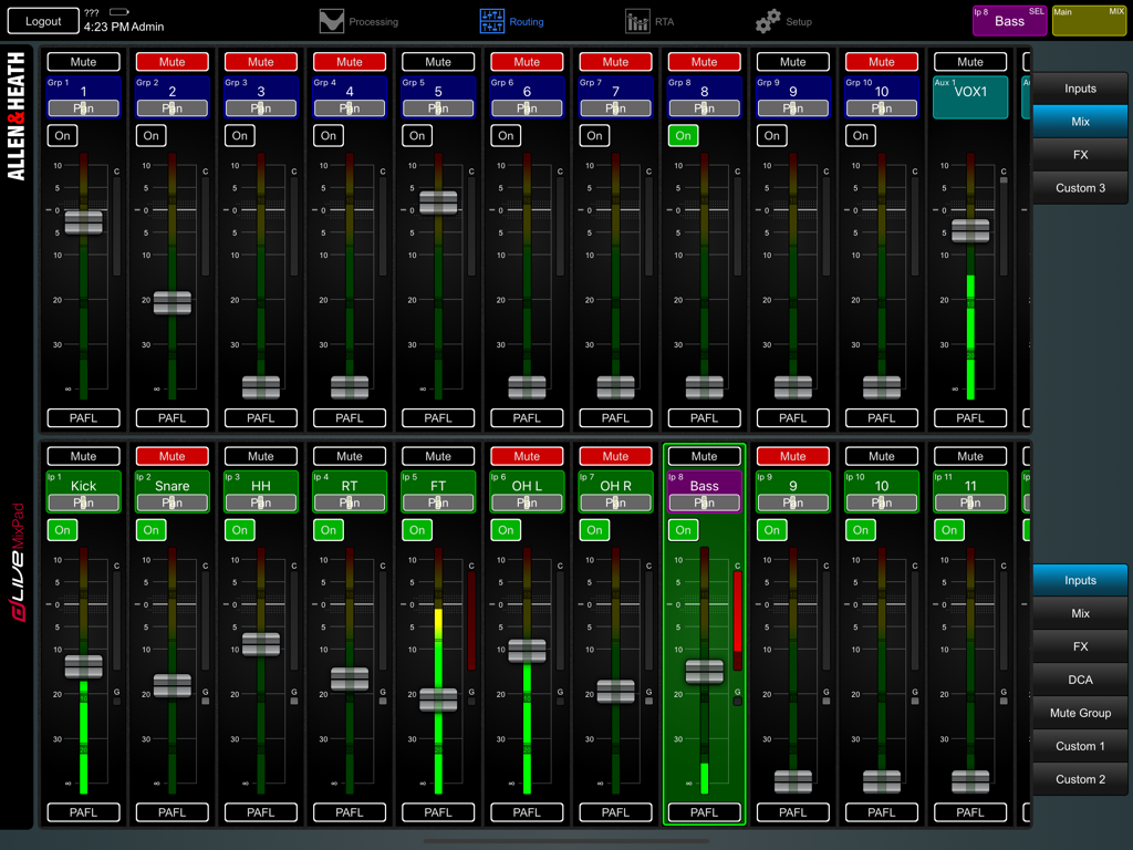 Digital audio mixing interface of dLive MixPad showing faders and channel controls on an iPad