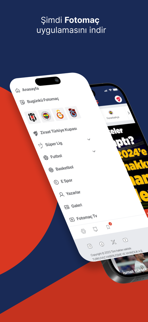 FOTOMAÇ–spor haberleri - Side navigation menu of the Fotomaç sports app showing categories like Super Lig, football, and basketball with Turkish club logos.