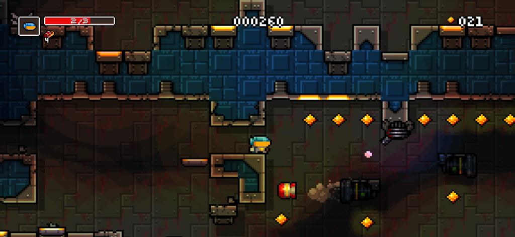 Un personaje de pixel art navegando por un nivel industrial oscuro con trampas y coleccionables en Meganoid Remaster