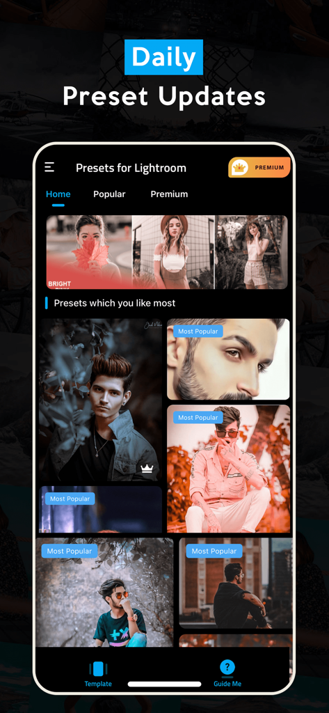 Filtra - Preset for Lightroom - Smartphone interface of the Filtra app displaying daily Lightroom preset updates and a gallery of popular photo filters.