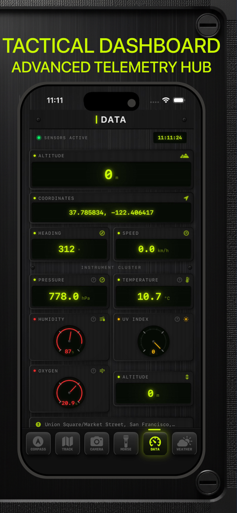 Compass X: GPS Map,Tracker - Panel táctico de Compass X que muestra telemetría en tiempo real de altitud, coordenadas, presión y humedad