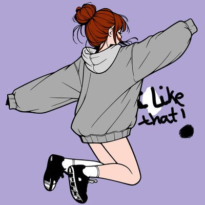 realistic girl jumping with a bun and oversized sweatshirt