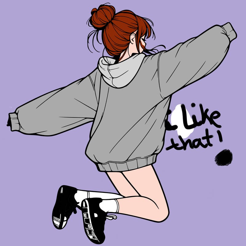 realistic girl jumping with a bun and oversized sweatshirt