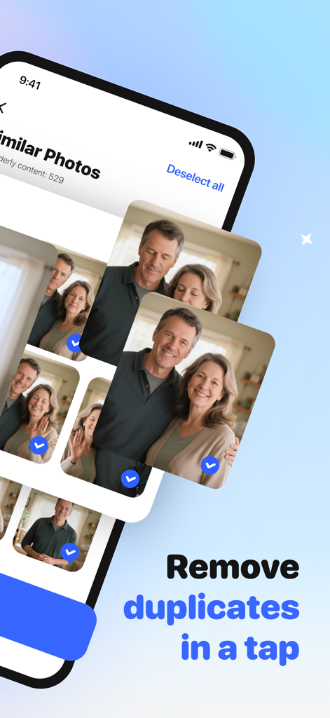 AI CleanKit mobile app interface showing the duplicate photo removal feature with multiple similar images selected for cleaning.