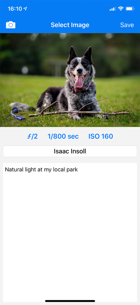 Photo Summary - Photo Summary app interface showing a dog picture with camera settings f/2 1/800 sec and ISO 160