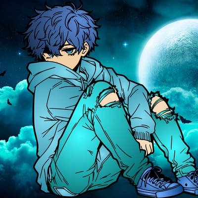 a male hoddie ripped jeans messy hair anime