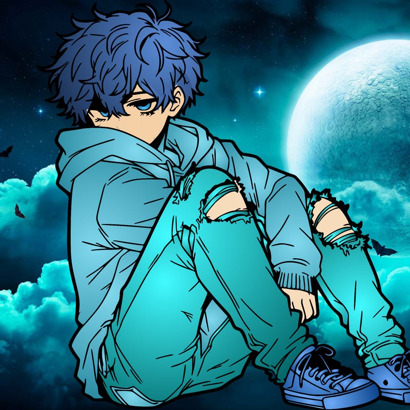 a male hoddie ripped jeans messy hair anime