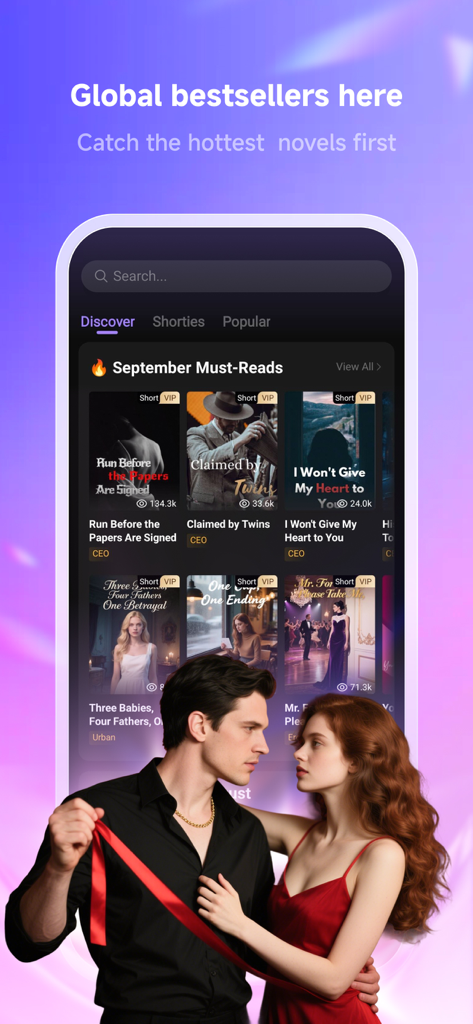 Novelmates app screen showing trending romance stories and a romantic couple.