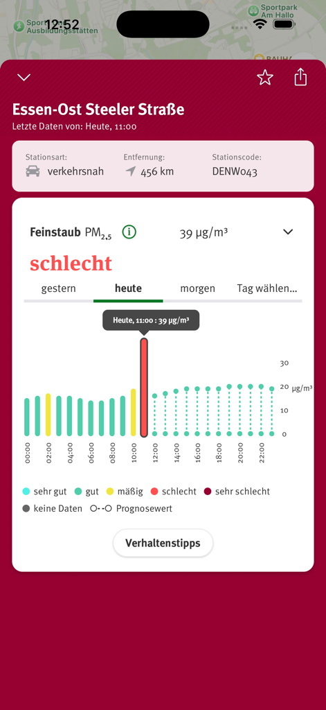 Luftqualität - Luftqualität app interface showing poor particulate matter levels and hourly air quality data for a station in Essen