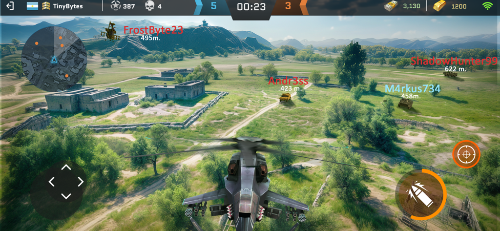 Third person view of an attack helicopter flying over a battlefield with enemy tanks and vehicles in Massive Warfare Tank Battles