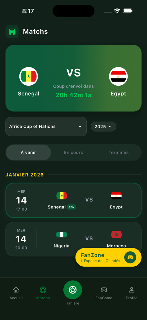 Mobile app screen for GoGainde displaying upcoming African football match schedules and countdown to Senegal versus Egypt.