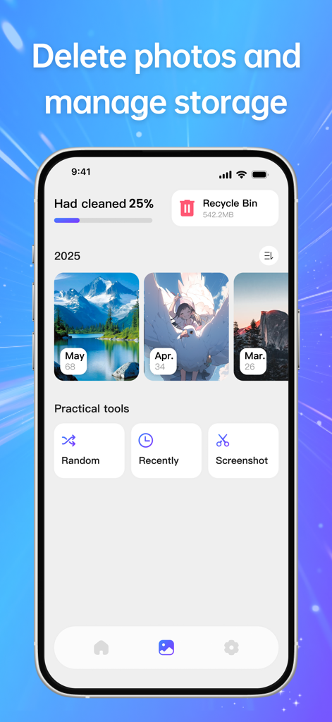 Interfaz de la aplicación Snap Cleaner para gestión de fotos y limpieza de almacenamiento