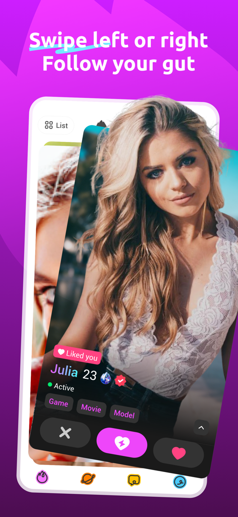 BlazeMe - Friends online - BlazeMe app interface for swiping left or right to match with new friends.