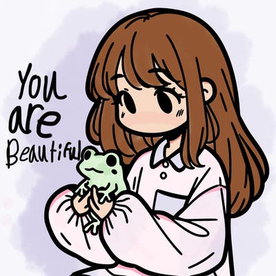 girl with long hair and a oversized shirt. and she is holding a frog