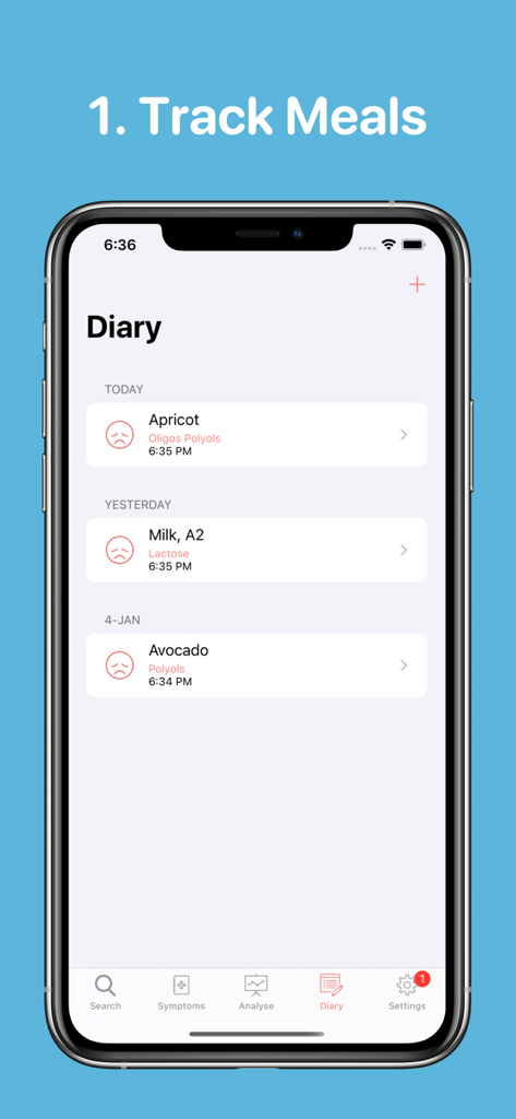 App screenshot showing the food diary feature for tracking IBS triggers and meal consumption.