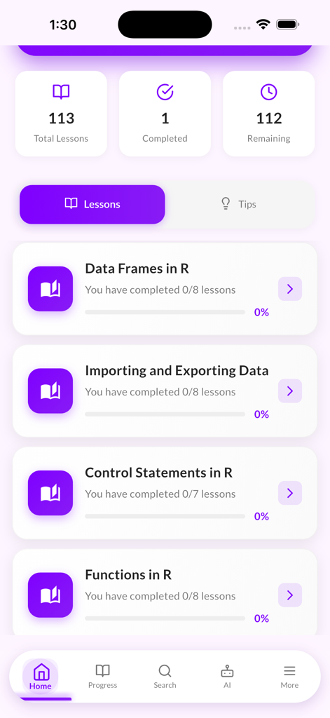 Learn R Programming: AI Tutor - The lessons screen of the Learn R Programming app showing data science course modules and progress tracking