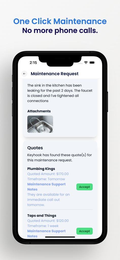 Keyhook - Mobile app screen showing a property maintenance request for a leaking sink with service quotes and acceptance buttons.