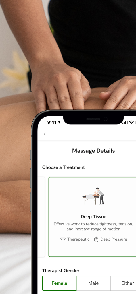 Zeel mobile app screen for booking a deep tissue massage with therapist gender selection options.
