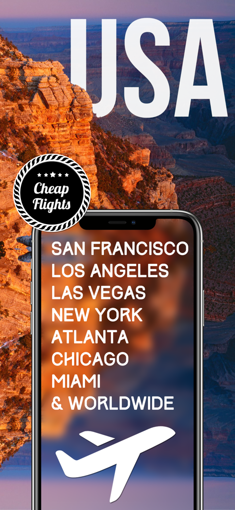 Booking Cheap Flight Tickets - Smartphone screen displaying a list of major US cities for cheap flight bookings with a scenic Grand Canyon background