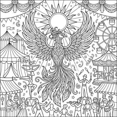 Step right up and witness the wonder! This intricate coloring page brings together the awe-inspiring Sun Phoenix with the vibrant energy of a grand carnival, offering a truly unique artistic adventure.