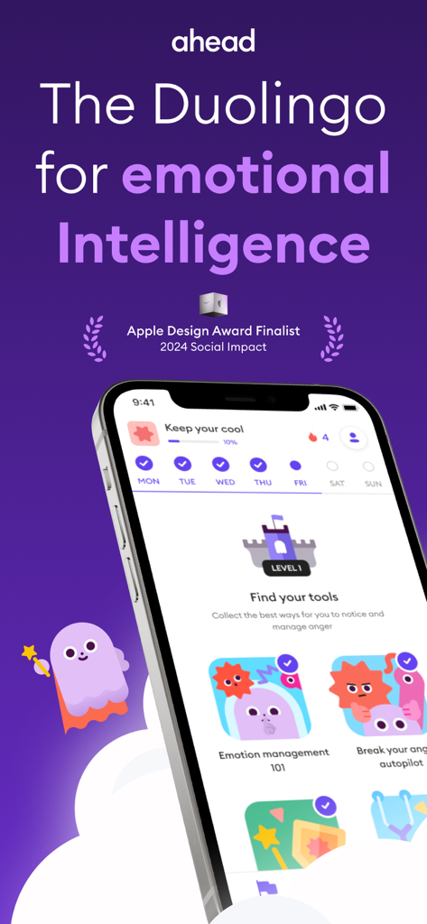 Screenshot der Ahead-App, der Lektionen zur emotionalen Intelligenz und spielerische Fortschrittsverfolgung zeigt.