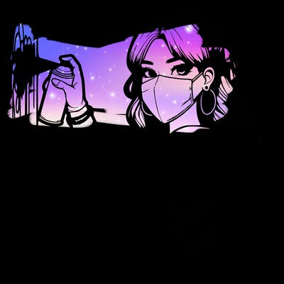 realistic girl with mask spray painting a wall